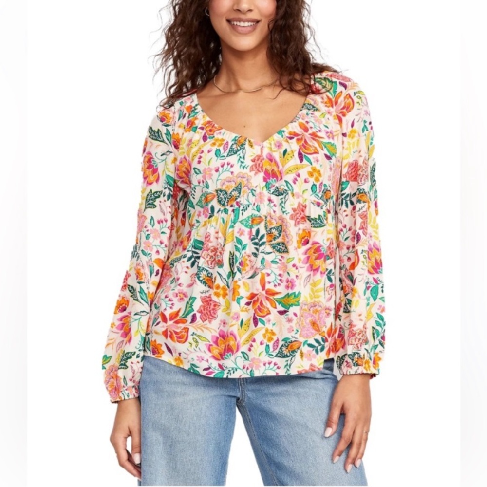 Old Navy Long Sleeve V-Neck Crinkled Boho Top Tropical Peasant L